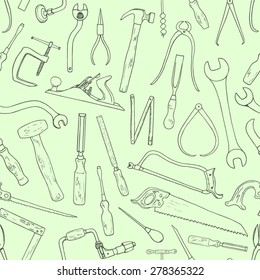 Vector seamless pattern with hand drawn common hand tools used by carpenters. Beautiful design elements, perfect for any industry related to the woodworking.