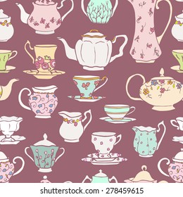 Vector seamless pattern with hand drawn vintage tea pots, cups, sugar bowls and milk jugs. Cute design elements, perfect for prints and backgrounds.