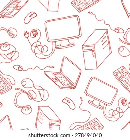 A vector seamless pattern of hand drawn doodles of electronic gadgets. Computer, laptop, monitor