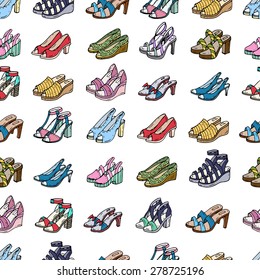 Vector seamless pattern with hand drawn fashionable shoes for women. Background for use in design, web site, packing, textile, fabric