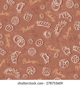 Vector seamless pattern of hand drawn fresh pastries on brown background. Pattern on the theme of bakery. Background for use in design, web site, packing, textile, fabric