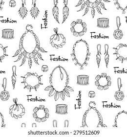 Vector seamless pattern of hand drawn fashionable jewelry for women on white background. Background for use in design, web site, packing, textile, fabric