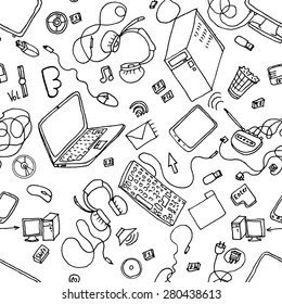 A vector seamless pattern of hand drawn doodles of electronic gadgets. Computer, laptop, monitor