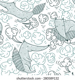 vector seamless pattern with hand drawn funny foxes