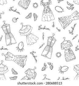 Vector seamless pattern with hand drawn fashionable dresses, shoes and accessories for women on white background. Background for use in design, web site, packing, textile, fabric