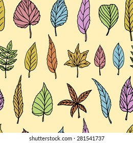 Vector seamless pattern with hand drawn leaves of forest trees. Beautiful design elements, vintage colors. Perfect for prints and patterns.