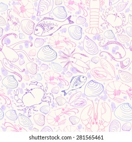 Vector seamless pattern. Hand drawn doodle of various sea animals in blue and purple colors. Octopus, squid, lobster, dorado fish, prawn, mussels, crab and vongole shell in blake lineart style.