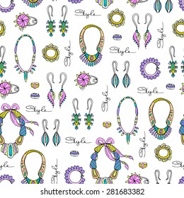 Vector seamless pattern of hand drawn fashionable jewelry for women. Pattern with necklaces, earrings, brooches and bracelets. Background for use in design, web site, packing, textile, fabric