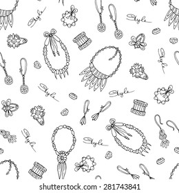 Vector seamless pattern of hand drawn fashionable jewelry on white background. Necklaces, earrings, brooches and bracelets for women. Background for use in design, web site, packing, textile, fabric