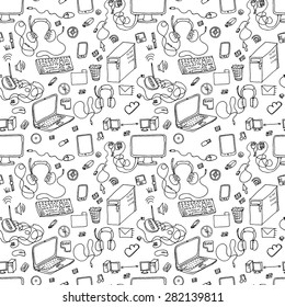 A vector seamless pattern of hand drawn doodles of electronic gadgets. Computer, laptop, monitor