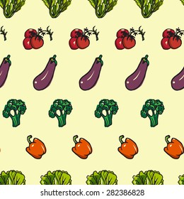 Vector seamless pattern with hand drawn ripe aubergines, broc?oli, paprika, tomatoes and salad geometrically arranged. Cool vegetable pattern.