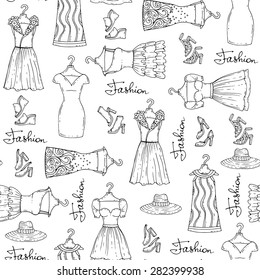 Vector seamless pattern of hand drawn fashionable dresses, shoes and hats on white background. Background for use in design, web site, packing, textile, fabric