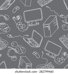 A vector seamless pattern of hand drawn doodles of electronic gadgets. Computer, laptop, monitor