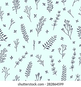 Vector seamless pattern with hand drawn branches of wild plants. Beautiful design elements, perfect for prints and patterns.