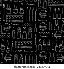 Vector seamless pattern with hand drawn decorative cosmetics for women on black background. Pattern with make-up. Background for use in design, web site, packing, textile, fabric