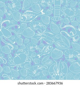 Vector seamless pattern. Hand drawn doodle of various sea animals on blue background. Octopus, squid, lobster, dorado fish, prawn, mussels, crab and vongole shell line art style.