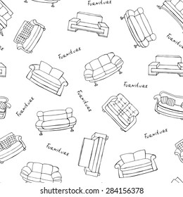 Vector seamless pattern with hand drawn sofas on white background. Pattern with furniture for home interior. Background for use in design, web site, packing, textile, fabric