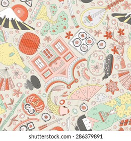 Vector seamless pattern with hand drawn japanese symbols, including geisha, sakura, bonsai, lantern. Cute unique doodle background for digital scrapbooking. Travel to Japan concept. 