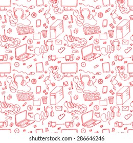 A vector seamless pattern of hand drawn doodles of electronic gadgets. Computer, laptop, monitor