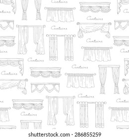 Vector seamless pattern with hand drawn curtains on white background. Pattern with decorative elements for interior. Background for use in design, web site, packing, textile, fabric