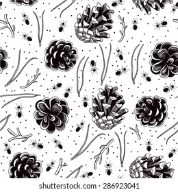 Vector seamless pattern with hand drawn pine cones and ants. 