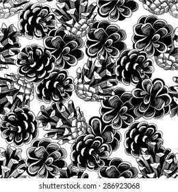 Vector seamless pattern with hand drawn pine cones. 