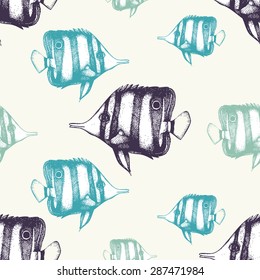 Vector seamless pattern with hand drawn small fish. Vintage background with sea life illustrations