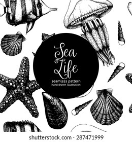 Vector seamless pattern with hand drawn small fish, sea shells, sea star and jellyfish sketch. Vintage background with sea life illustrations isolated on white
