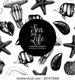 Vector seamless pattern with hand drawn small fish, sea shells, sea star and jellyfish sketch. Vintage background with sea life illustrations isolated on white