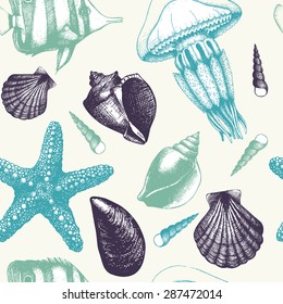 Vector Seamless Pattern With Hand Drawn Small Fish, Sea Shells, Sea Star And Jellyfish Sketch. Vintage Background With Sea Life Illustrations