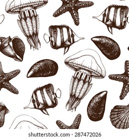 Vector seamless pattern with hand drawn small fish, sea shells, sea star and jellyfish sketch. Vintage background with sea life illustrations