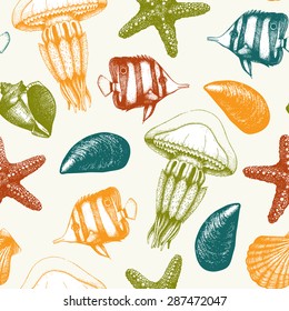 Vector seamless pattern with hand drawn small fish, sea shells, sea star and jellyfish sketch. Vintage background with sea life illustrations