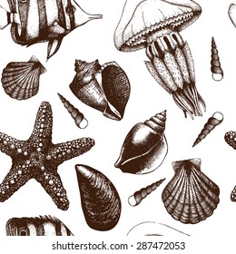 Vector seamless pattern with hand drawn small fish, sea shells, sea star and jellyfish sketch. Vintage background with sea life illustrations