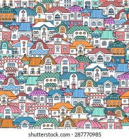 Vector seamless pattern with hand drawn and colorful houses. Background for use in design, web site, packing, textile, fabric