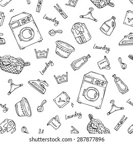 Vector seamless pattern with hand drawn isolated symbols of laundry on white background. Background for use in design, web site, packing, textile, fabric