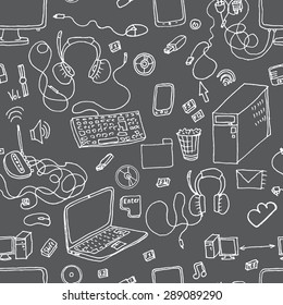 A vector seamless pattern of hand drawn doodles of electronic gadgets. Computer, laptop, monitor