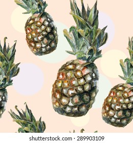 Vector seamless pattern with hand drawn watercolor pineapples on light beige background with colorful circles.