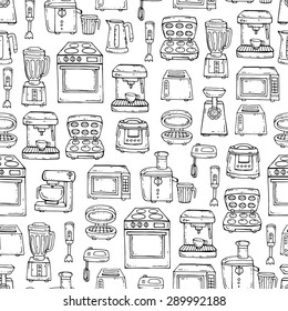 Vector seamless pattern with hand drawn home appliances for kitchen on white background. Background for use in design, web site, packing, textile, fabric