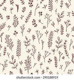 Vector seamless pattern with hand drawn branches of wild plants. Beautiful design elements, vintage colors. Perfect for prints and patterns.