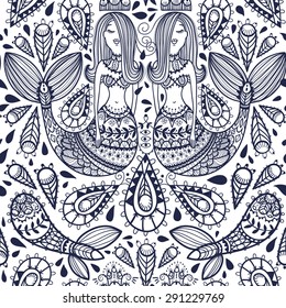 vector seamless pattern with hand drawn mermaids and folk elements