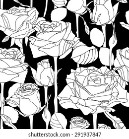 Vector seamless pattern  with hand drawn roses flowers. Floral graphics background with decorative white roses isolated on white
