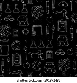 Vector seamless pattern with hand drawn school symbols on black background. Pattern on the theme of back to school. Background for use in design, web site, packing, textile, fabric