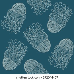 Vector seamless pattern with hand drawn decorative doodle jellyfish illustrations. Sea jellyfish blue background