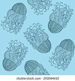 Vector seamless pattern with hand drawn decorative doodle jellyfish illustrations. Sea jellyfish blue background