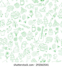 vector seamless pattern with hand drawn doodle camping elements on white background
