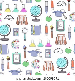 Vector seamless pattern with hand drawn isolated school symbols. Pattern on the theme of back to school. Background for use in design, web site, packing, textile, fabric