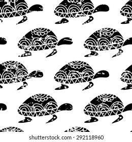 Vector seamless pattern with hand drawn black turtle isolated on white background. Abstract summer and sea theme grunge texture. 