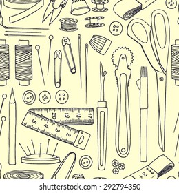 Vector seamless pattern with hand drawn sewing tools. Beautiful design elements, perfect for prints and patterns.