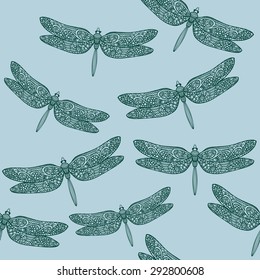 Vector seamless pattern with hand drawn dragonfly illustrations. decorative dragonfly background