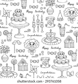 Vector seamless pattern with hand drawn symbols of celebration on white background. Pattern on the theme of happy birthday. Background for use in design, web site, packing, textile, fabric